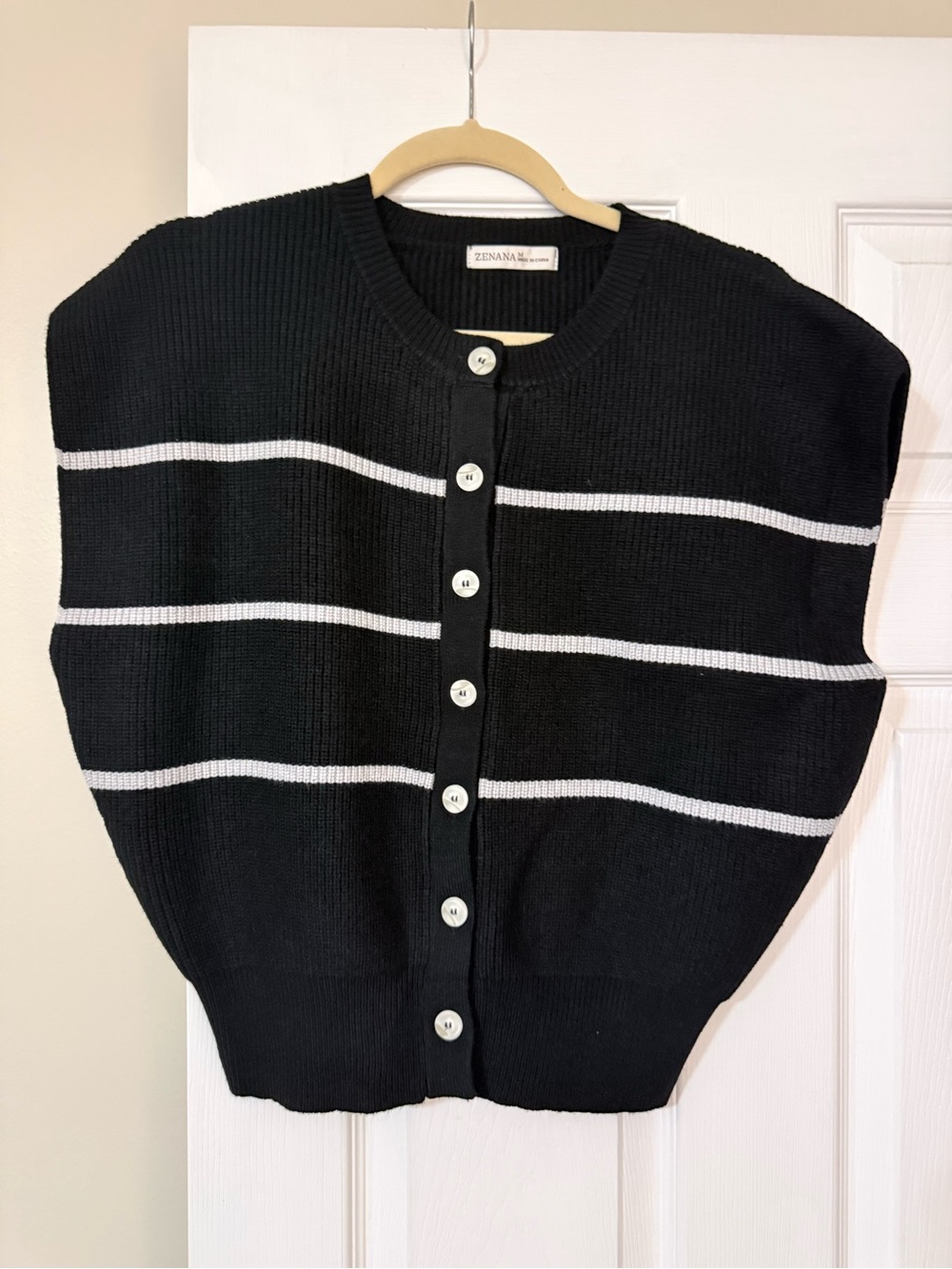 Zenana Outfitters Black and White Striped Button-Up Sweater Vest